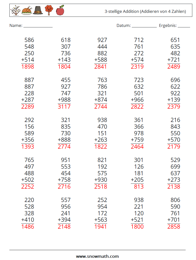 (25) 3-stellige Addition (Addieren von 4 Zahlen) Mathe-Arbeitsblätter 4 Frage, Antwort