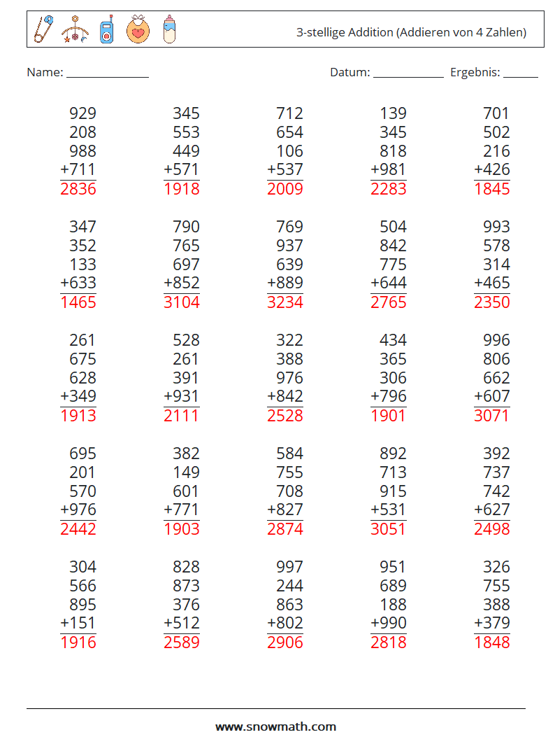 (25) 3-stellige Addition (Addieren von 4 Zahlen) Mathe-Arbeitsblätter 5 Frage, Antwort