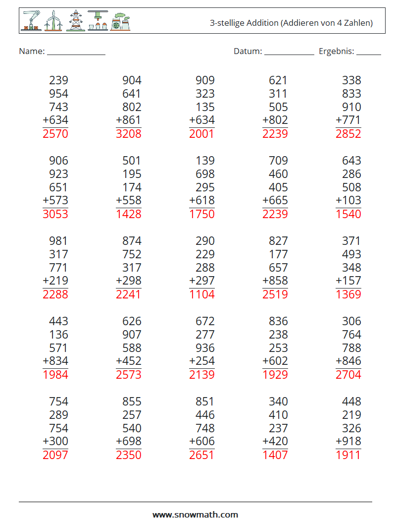 (25) 3-stellige Addition (Addieren von 4 Zahlen) Mathe-Arbeitsblätter 6 Frage, Antwort