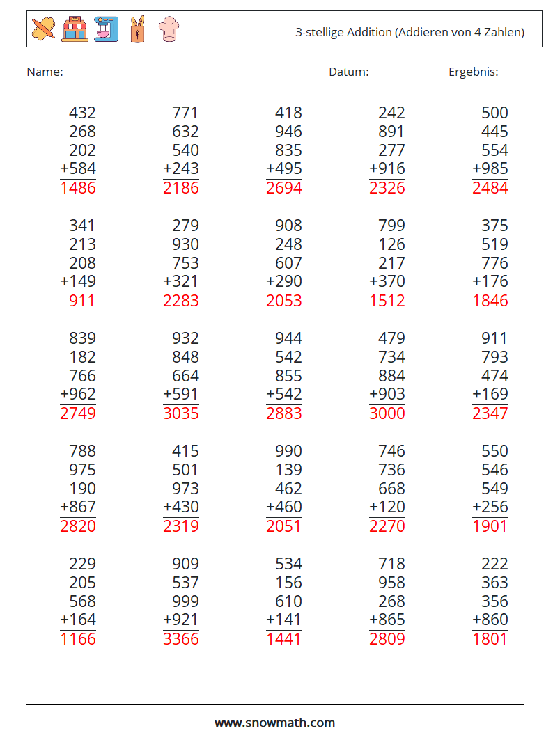 (25) 3-stellige Addition (Addieren von 4 Zahlen) Mathe-Arbeitsblätter 7 Frage, Antwort