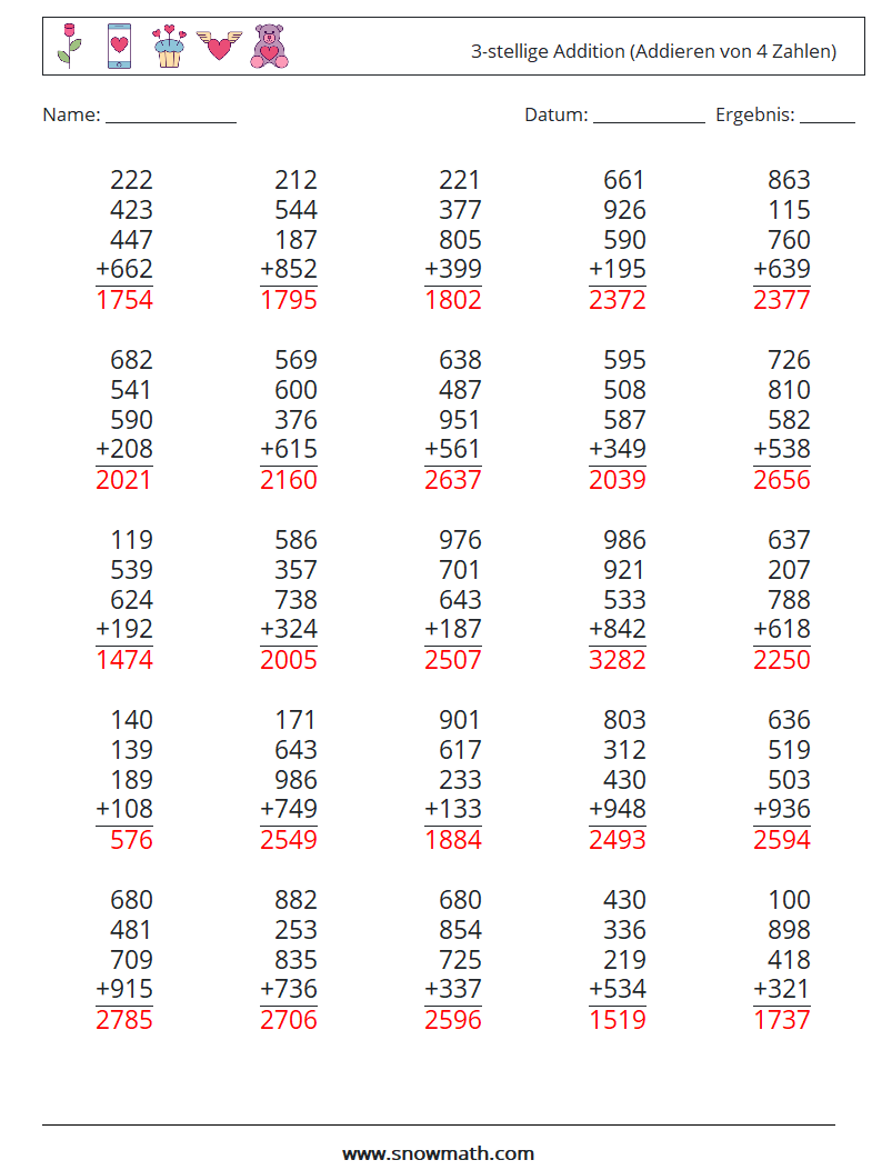 (25) 3-stellige Addition (Addieren von 4 Zahlen) Mathe-Arbeitsblätter 8 Frage, Antwort