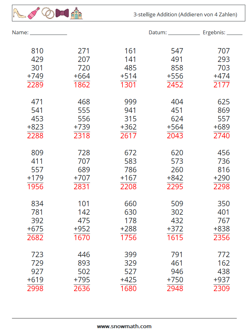 (25) 3-stellige Addition (Addieren von 4 Zahlen) Mathe-Arbeitsblätter 9 Frage, Antwort