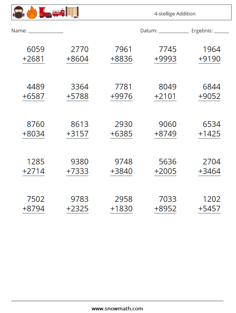 (25) 4-stellige Addition Mathe-Arbeitsblätter 10