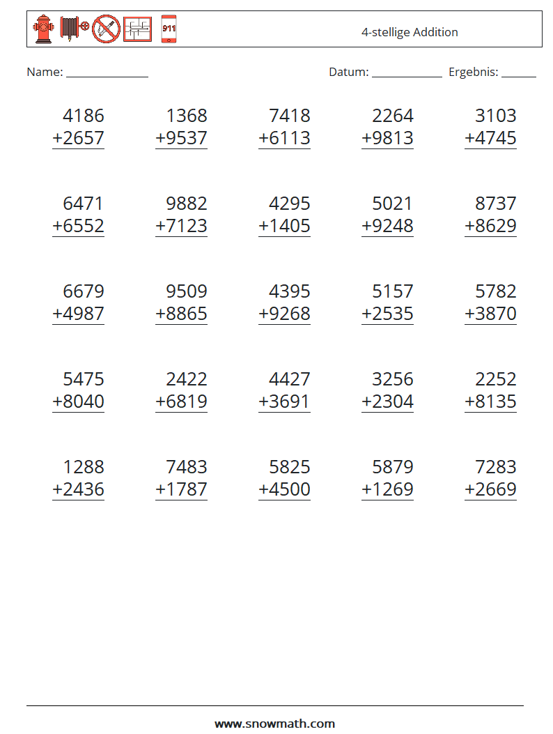 (25) 4-stellige Addition Mathe-Arbeitsblätter 11