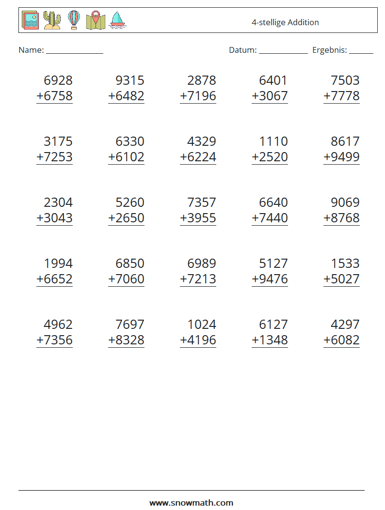 (25) 4-stellige Addition Mathe-Arbeitsblätter 12