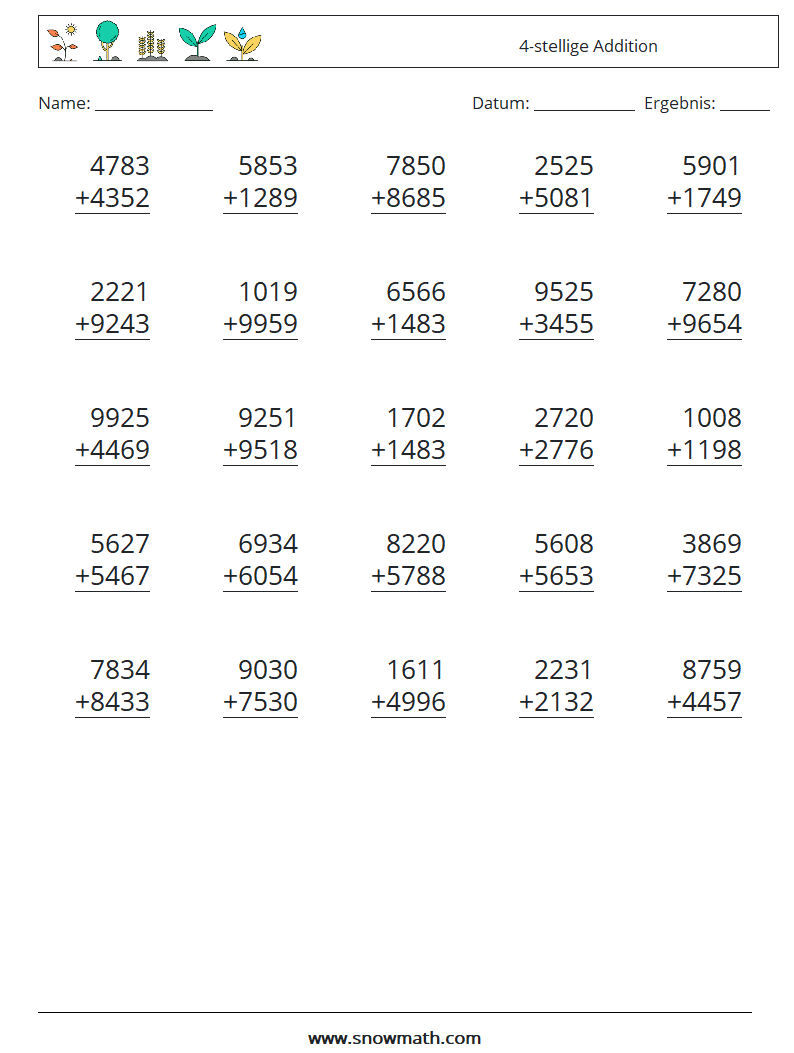 (25) 4-stellige Addition Mathe-Arbeitsblätter 13