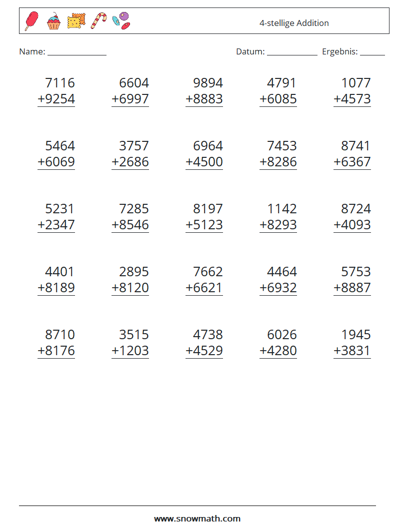 (25) 4-stellige Addition Mathe-Arbeitsblätter 16