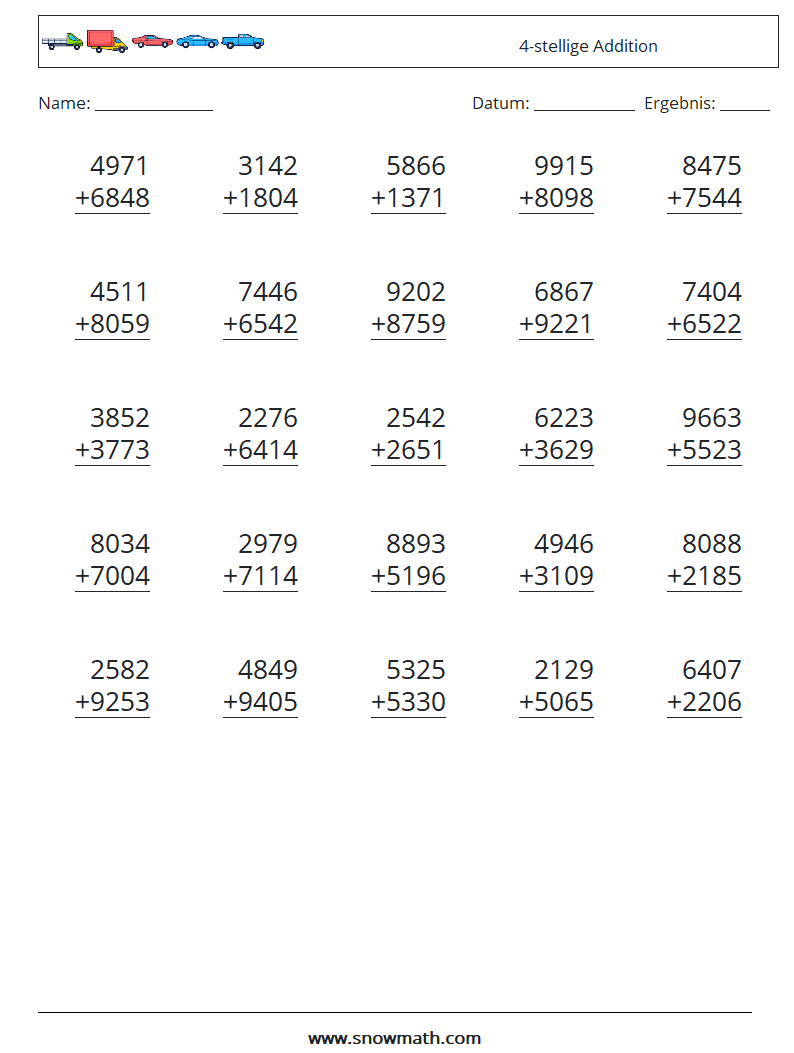 (25) 4-stellige Addition Mathe-Arbeitsblätter 17