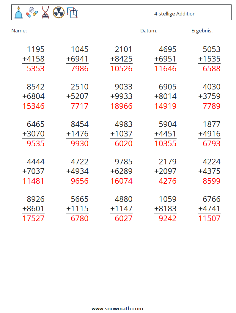 (25) 4-stellige Addition Mathe-Arbeitsblätter 1 Frage, Antwort