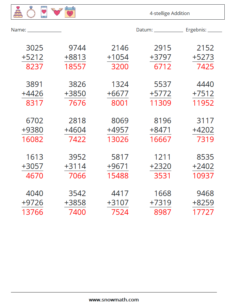 (25) 4-stellige Addition Mathe-Arbeitsblätter 2 Frage, Antwort