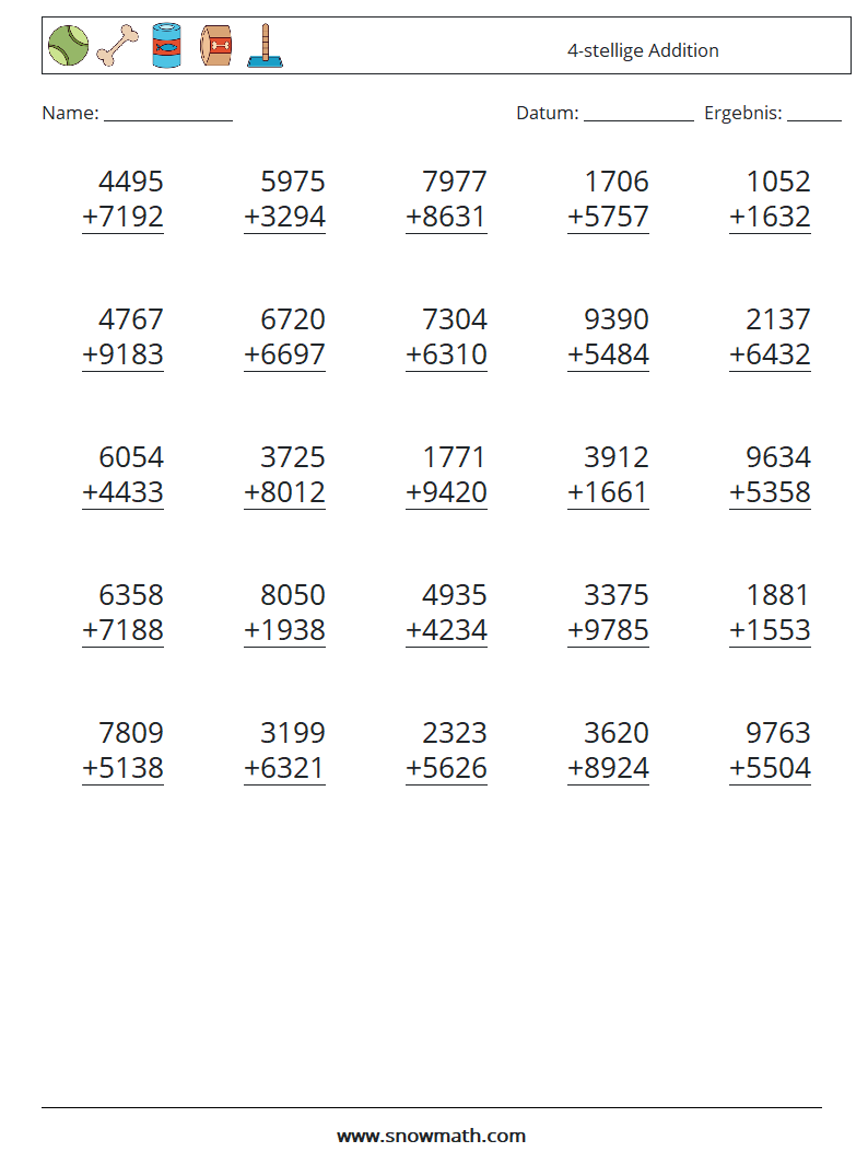 (25) 4-stellige Addition Mathe-Arbeitsblätter 3