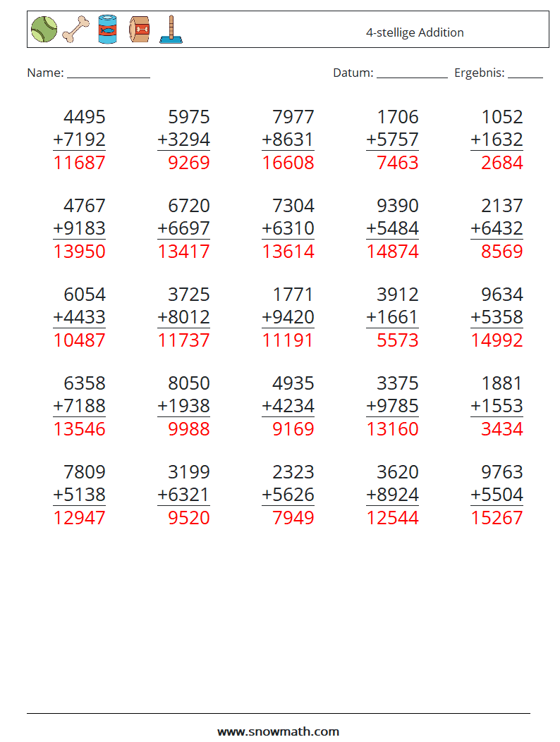 (25) 4-stellige Addition Mathe-Arbeitsblätter 3 Frage, Antwort