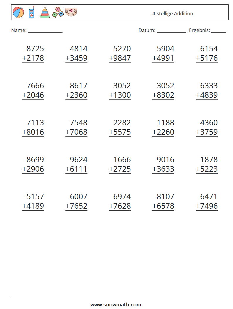 (25) 4-stellige Addition Mathe-Arbeitsblätter 4