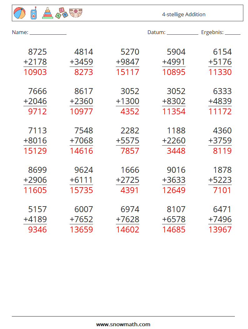 (25) 4-stellige Addition Mathe-Arbeitsblätter 4 Frage, Antwort