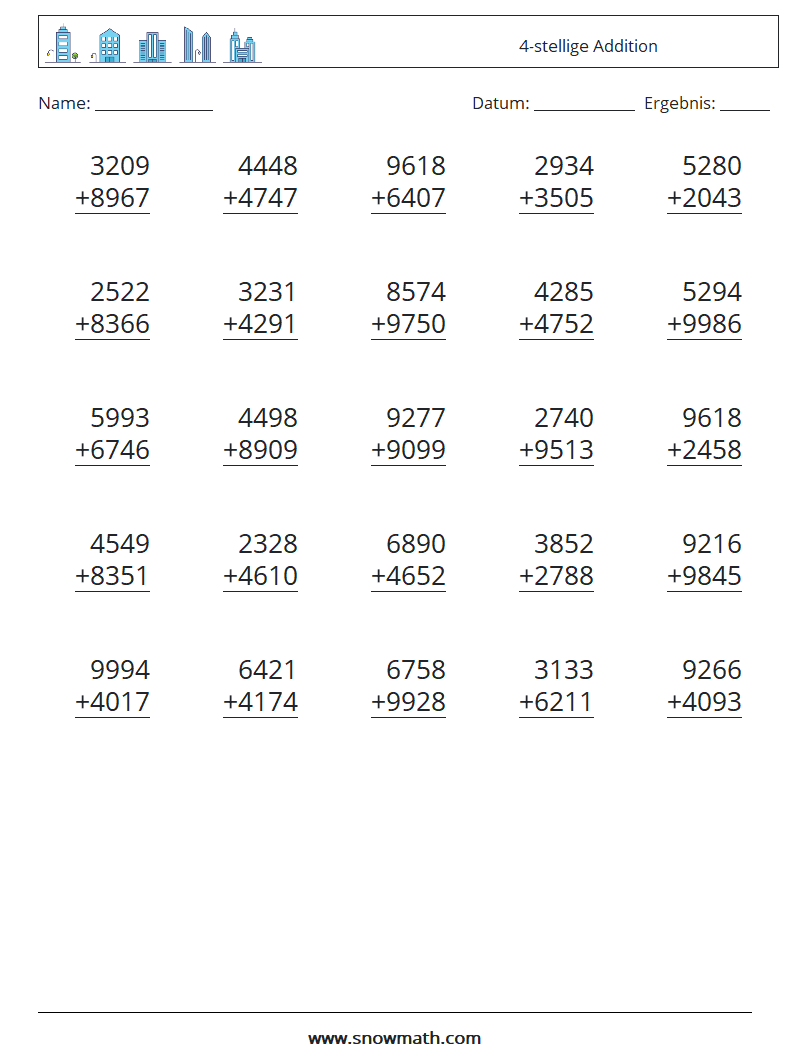 (25) 4-stellige Addition Mathe-Arbeitsblätter 5