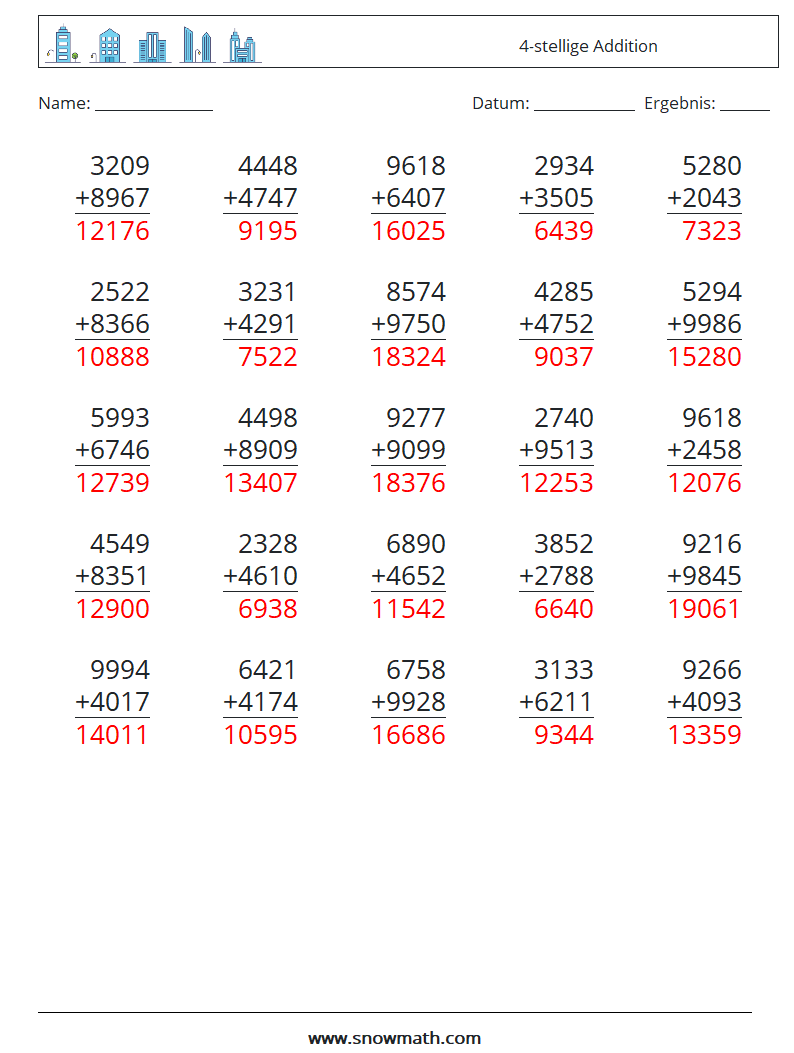 (25) 4-stellige Addition Mathe-Arbeitsblätter 5 Frage, Antwort