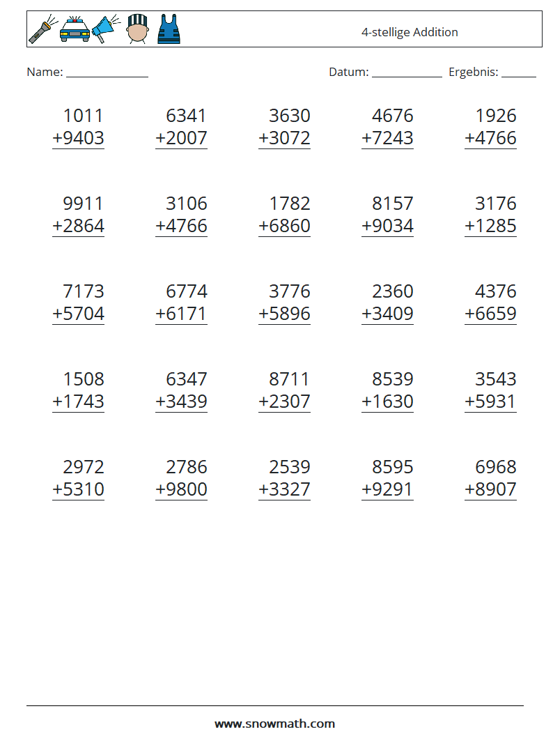 (25) 4-stellige Addition Mathe-Arbeitsblätter 6