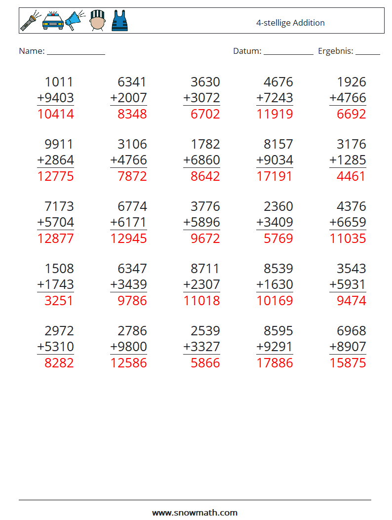 (25) 4-stellige Addition Mathe-Arbeitsblätter 6 Frage, Antwort