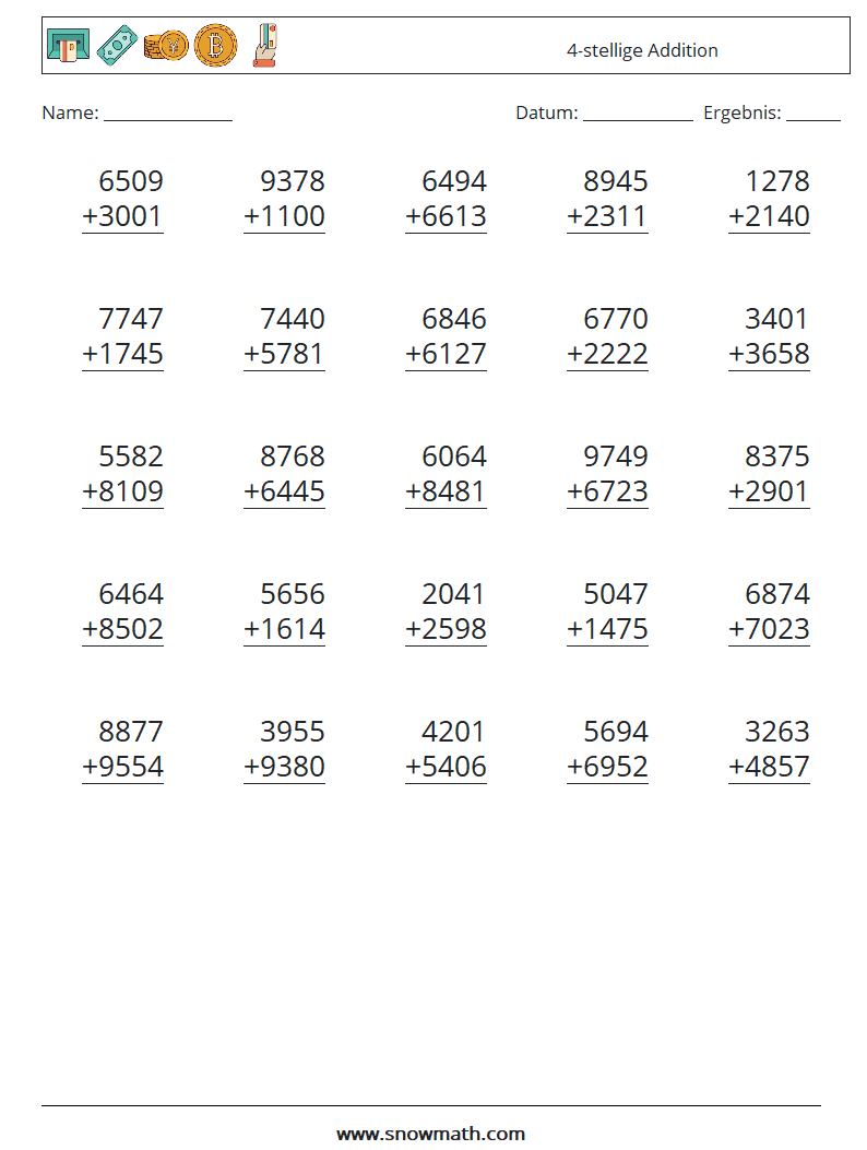 (25) 4-stellige Addition Mathe-Arbeitsblätter 7