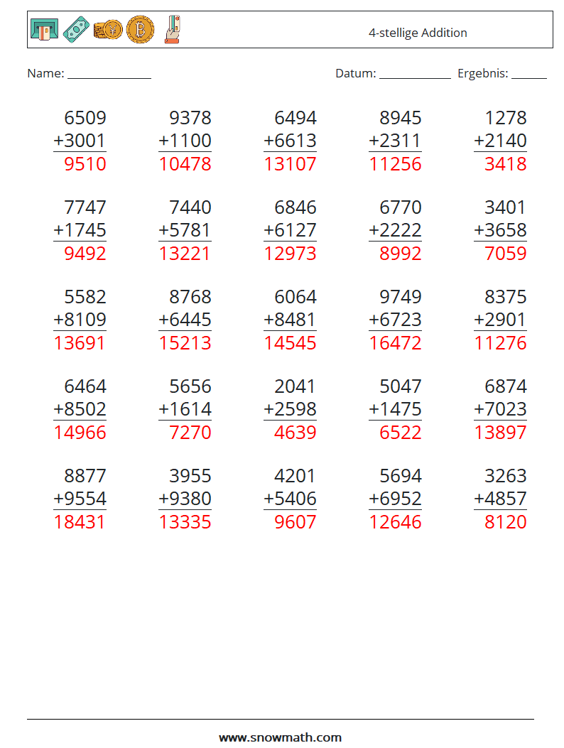 (25) 4-stellige Addition Mathe-Arbeitsblätter 7 Frage, Antwort