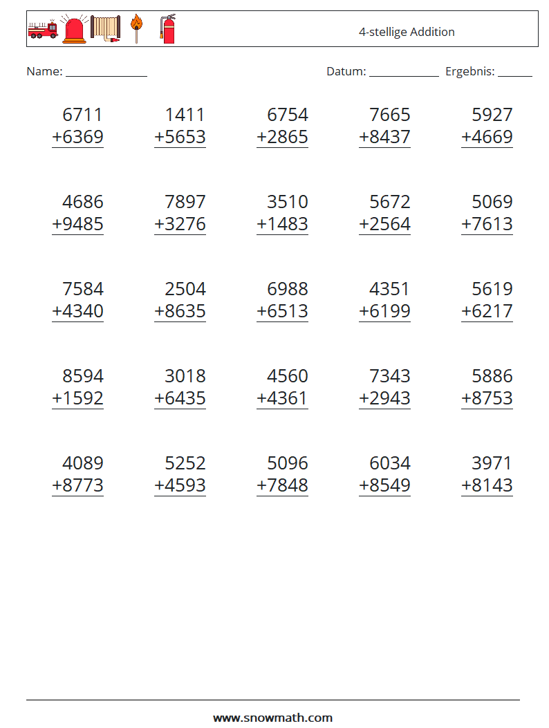 (25) 4-stellige Addition Mathe-Arbeitsblätter 8