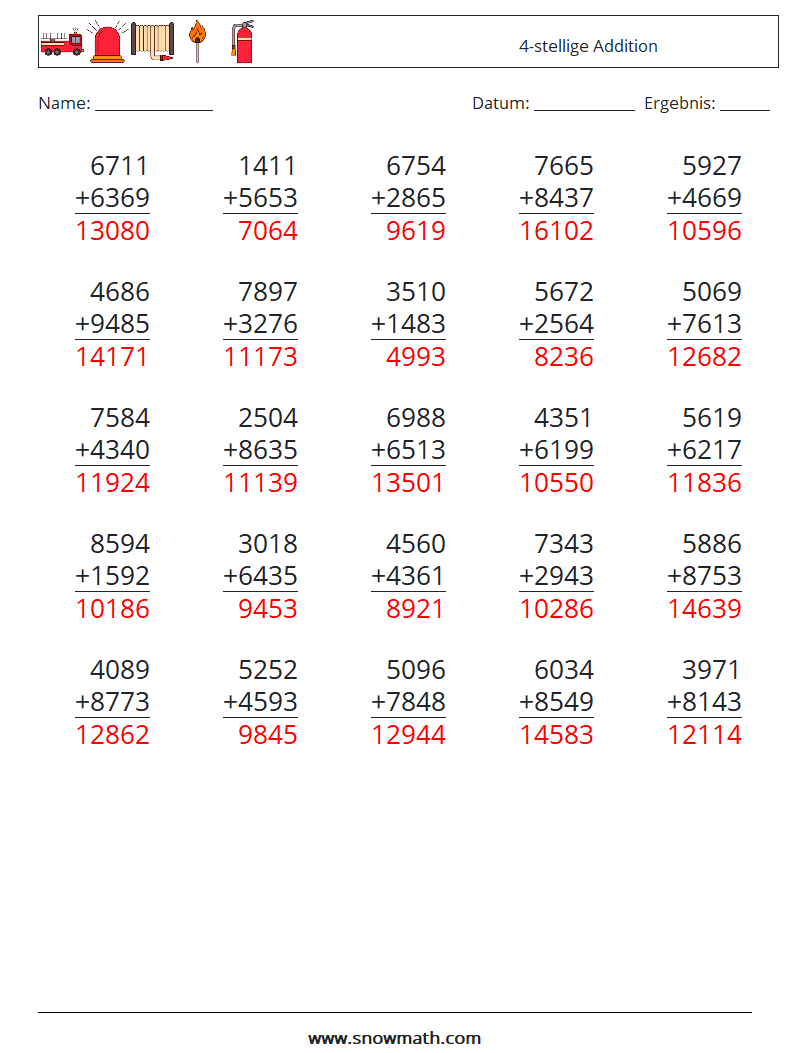 (25) 4-stellige Addition Mathe-Arbeitsblätter 8 Frage, Antwort