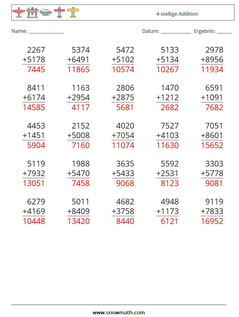 (25) 4-stellige Addition Mathe-Arbeitsblätter 9 Frage, Antwort