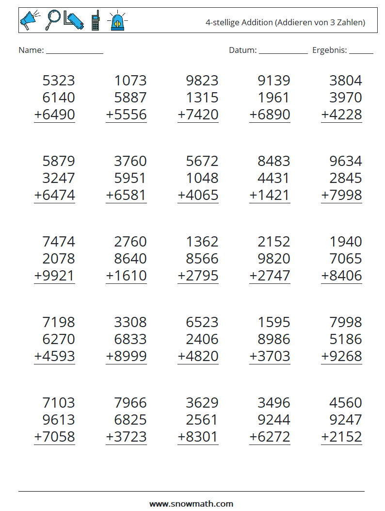 (25) 4-stellige Addition (Addieren von 3 Zahlen) Mathe-Arbeitsblätter 1