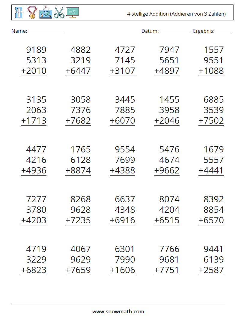 (25) 4-stellige Addition (Addieren von 3 Zahlen) Mathe-Arbeitsblätter 10