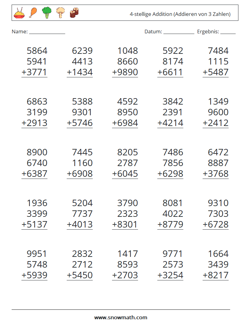 (25) 4-stellige Addition (Addieren von 3 Zahlen) Mathe-Arbeitsblätter 11