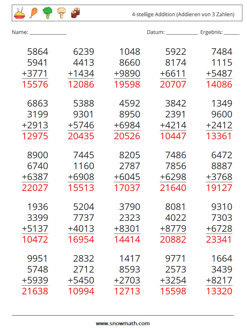 (25) 4-stellige Addition (Addieren von 3 Zahlen) Mathe-Arbeitsblätter 11 Frage, Antwort