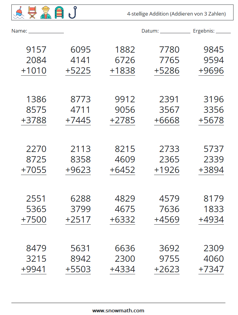 (25) 4-stellige Addition (Addieren von 3 Zahlen) Mathe-Arbeitsblätter 12