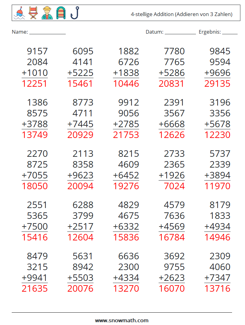 (25) 4-stellige Addition (Addieren von 3 Zahlen) Mathe-Arbeitsblätter 12 Frage, Antwort