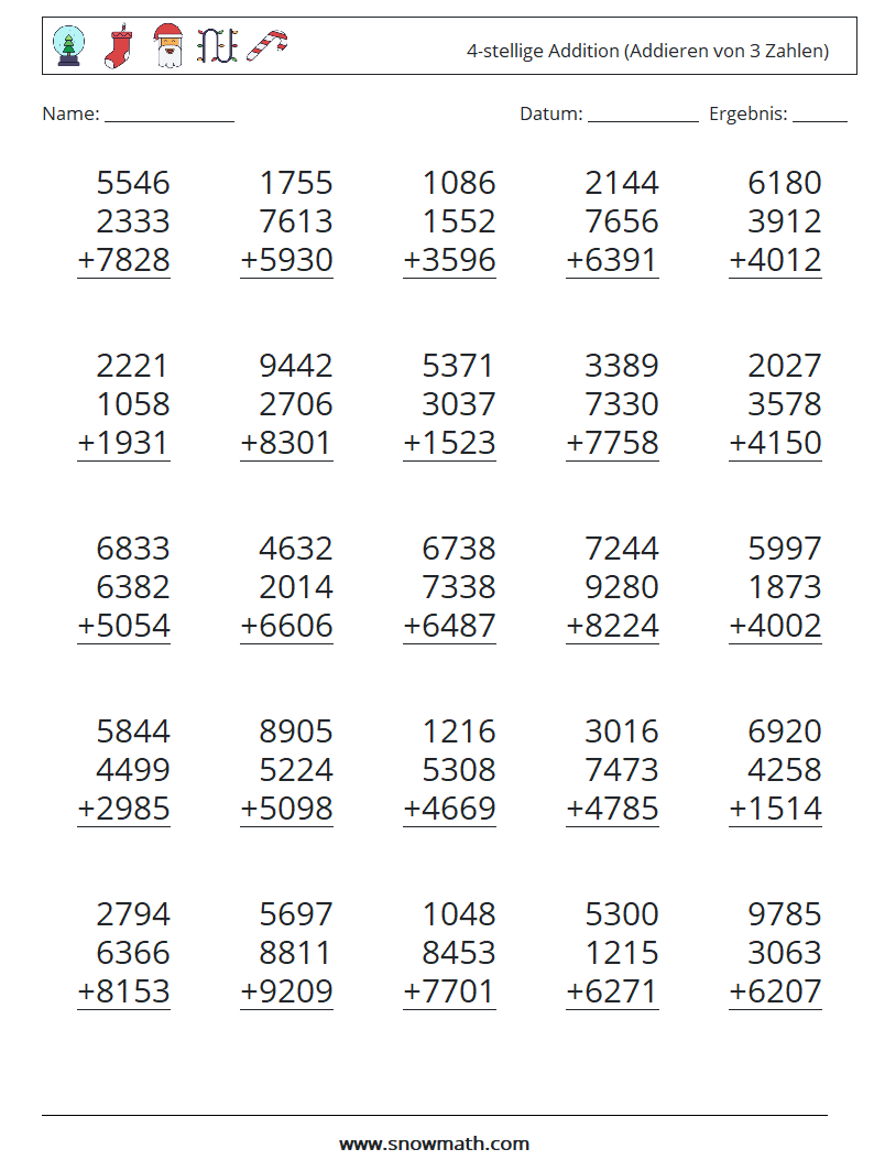 (25) 4-stellige Addition (Addieren von 3 Zahlen) Mathe-Arbeitsblätter 13