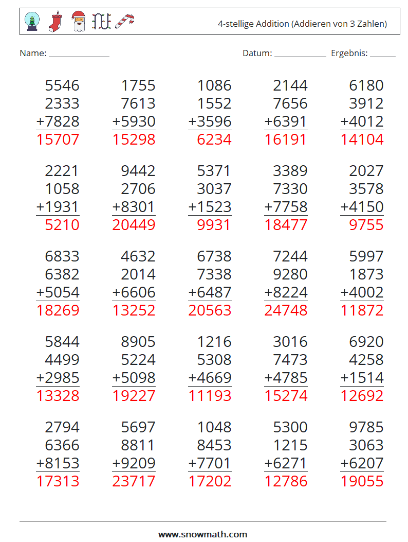 (25) 4-stellige Addition (Addieren von 3 Zahlen) Mathe-Arbeitsblätter 13 Frage, Antwort