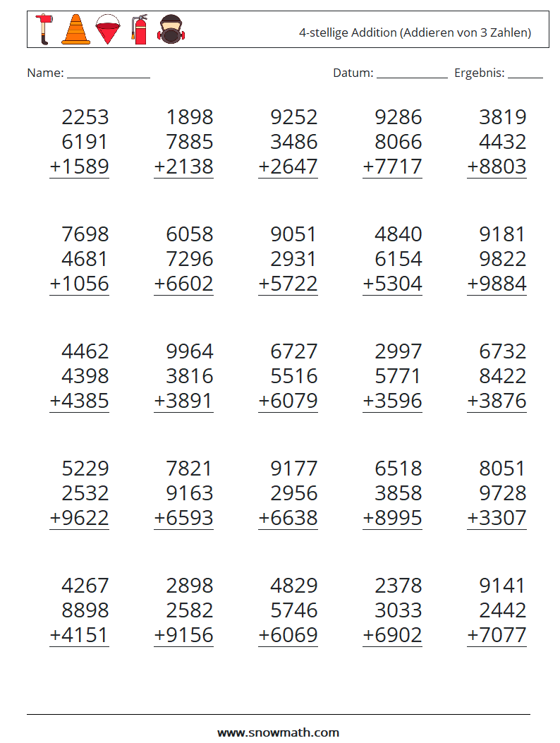 (25) 4-stellige Addition (Addieren von 3 Zahlen) Mathe-Arbeitsblätter 14