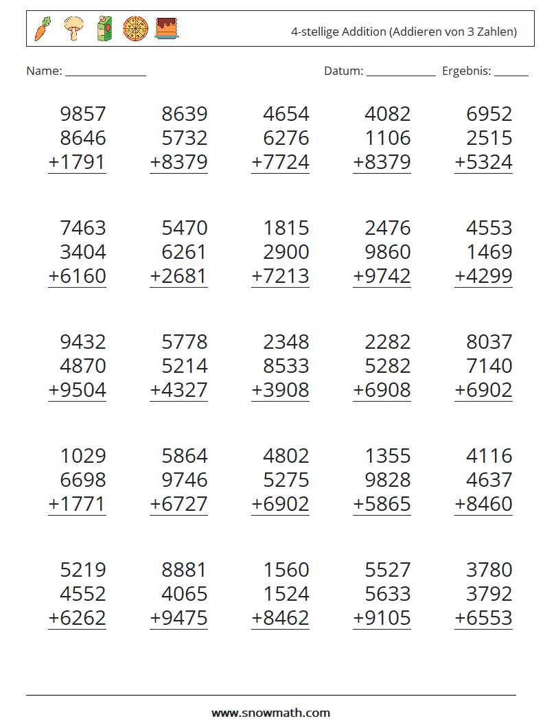 (25) 4-stellige Addition (Addieren von 3 Zahlen) Mathe-Arbeitsblätter 15