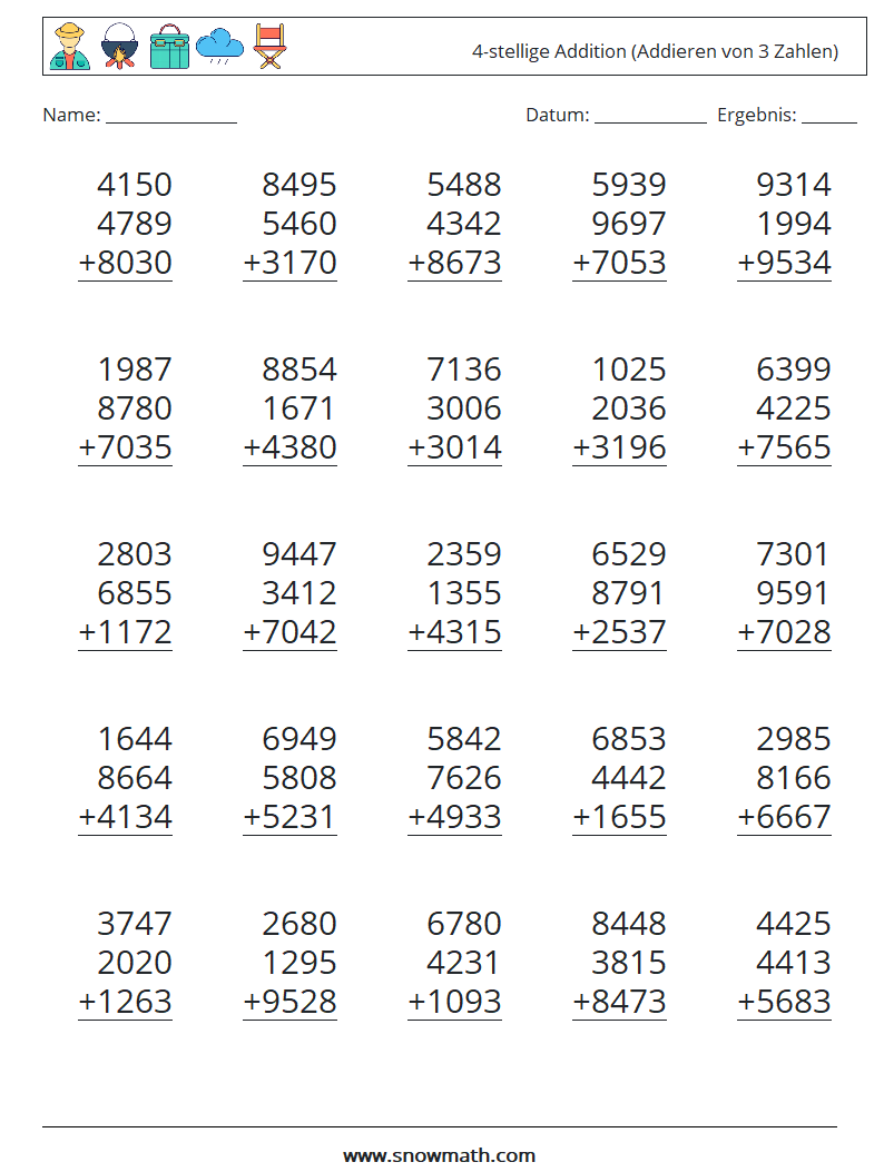 (25) 4-stellige Addition (Addieren von 3 Zahlen) Mathe-Arbeitsblätter 16