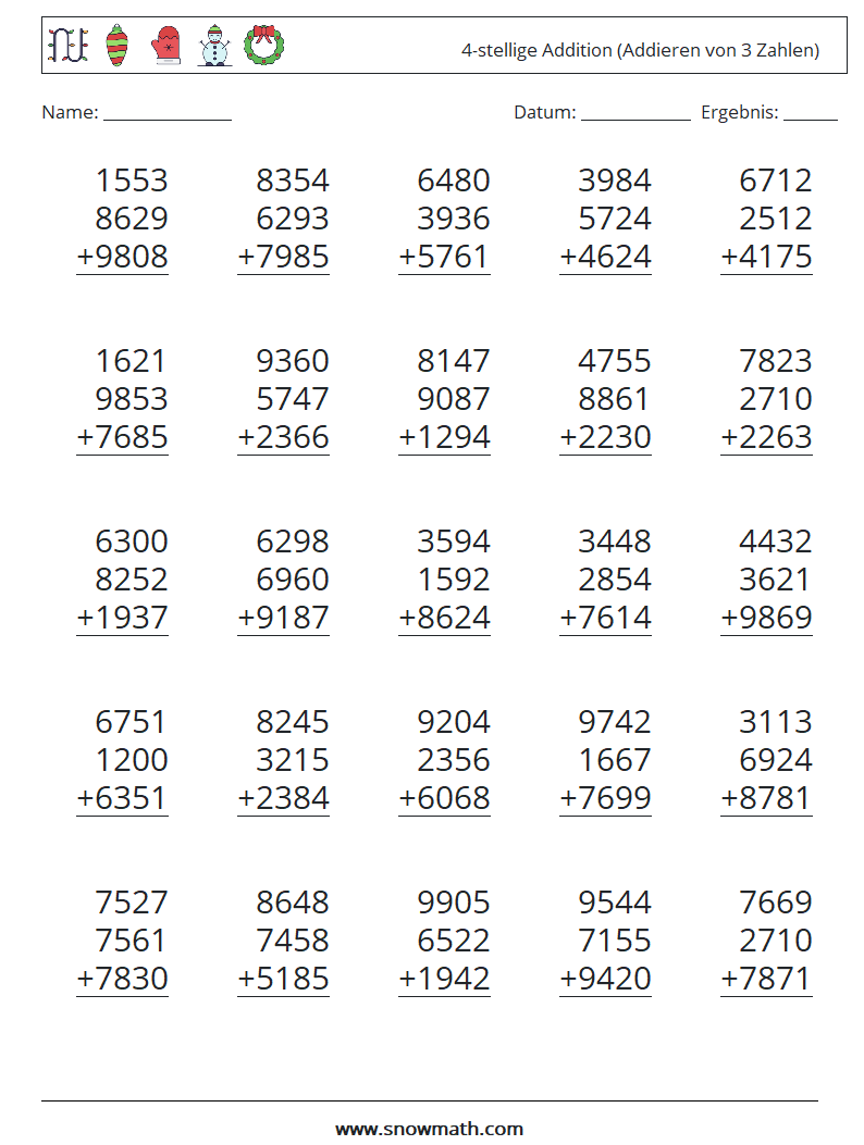 (25) 4-stellige Addition (Addieren von 3 Zahlen) Mathe-Arbeitsblätter 17