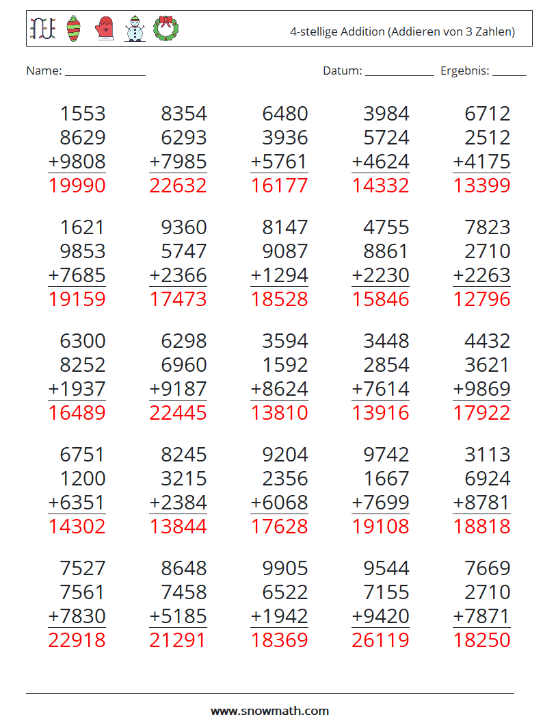 (25) 4-stellige Addition (Addieren von 3 Zahlen) Mathe-Arbeitsblätter 17 Frage, Antwort