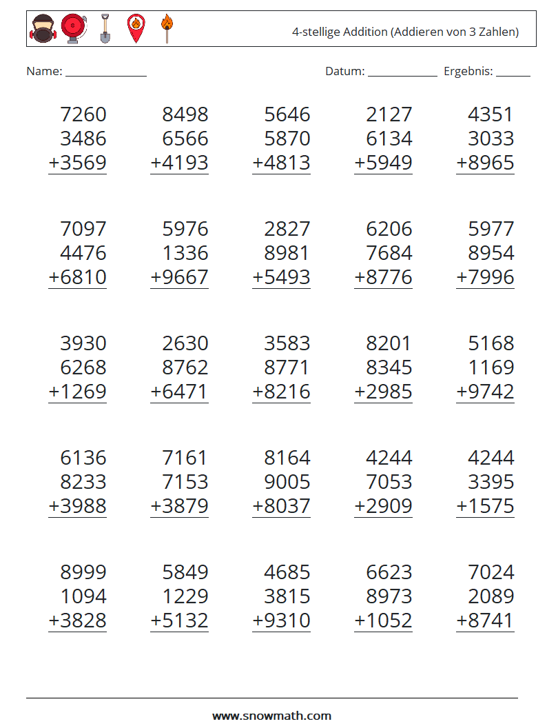 (25) 4-stellige Addition (Addieren von 3 Zahlen) Mathe-Arbeitsblätter 18