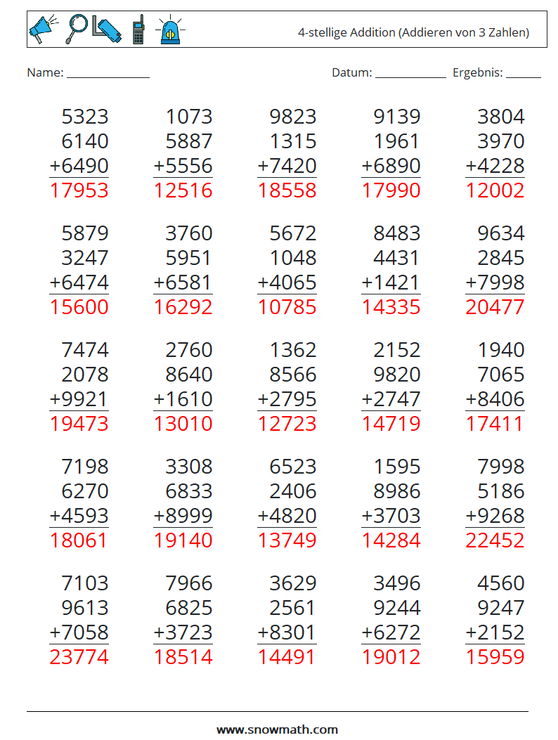 (25) 4-stellige Addition (Addieren von 3 Zahlen) Mathe-Arbeitsblätter 1 Frage, Antwort