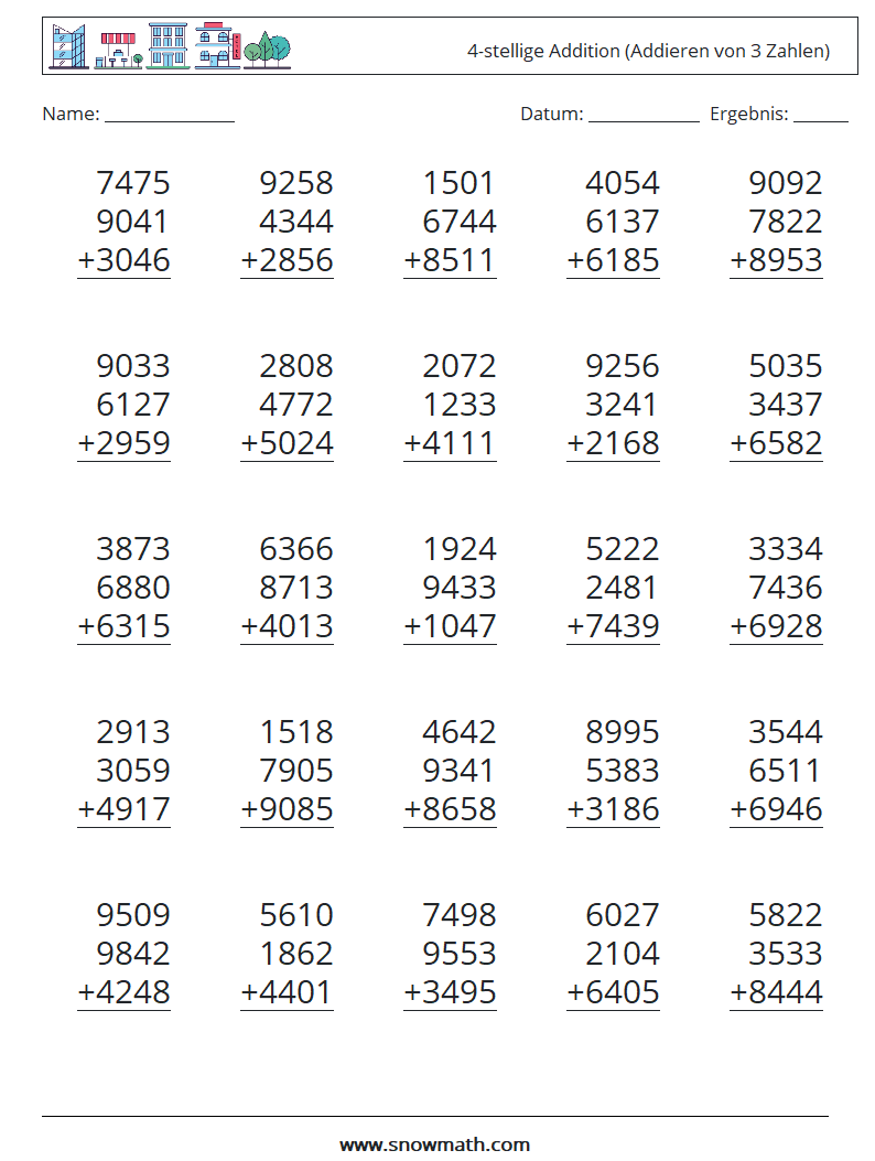 (25) 4-stellige Addition (Addieren von 3 Zahlen) Mathe-Arbeitsblätter 2