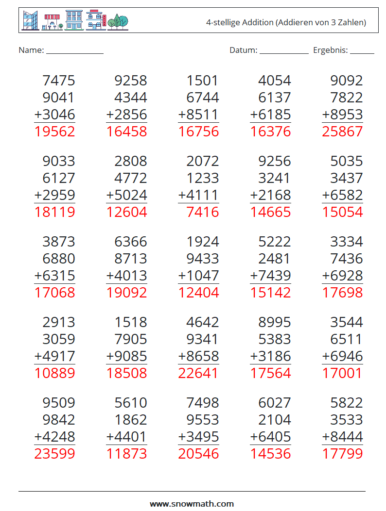 (25) 4-stellige Addition (Addieren von 3 Zahlen) Mathe-Arbeitsblätter 2 Frage, Antwort