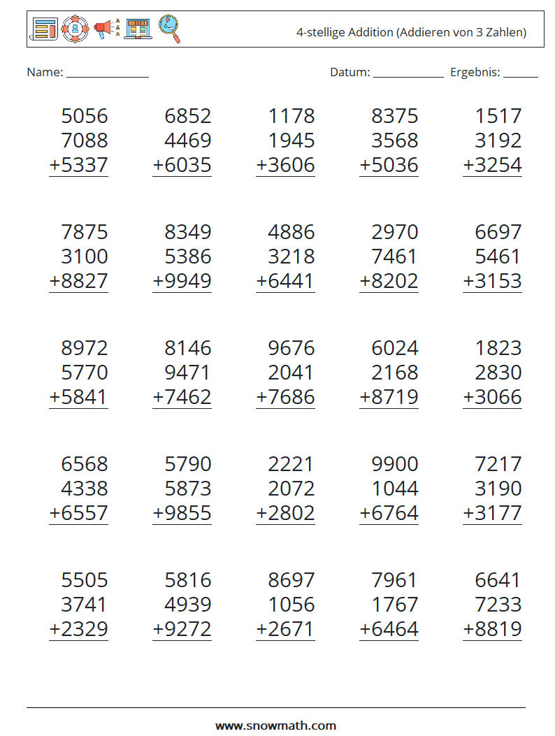 (25) 4-stellige Addition (Addieren von 3 Zahlen) Mathe-Arbeitsblätter 3