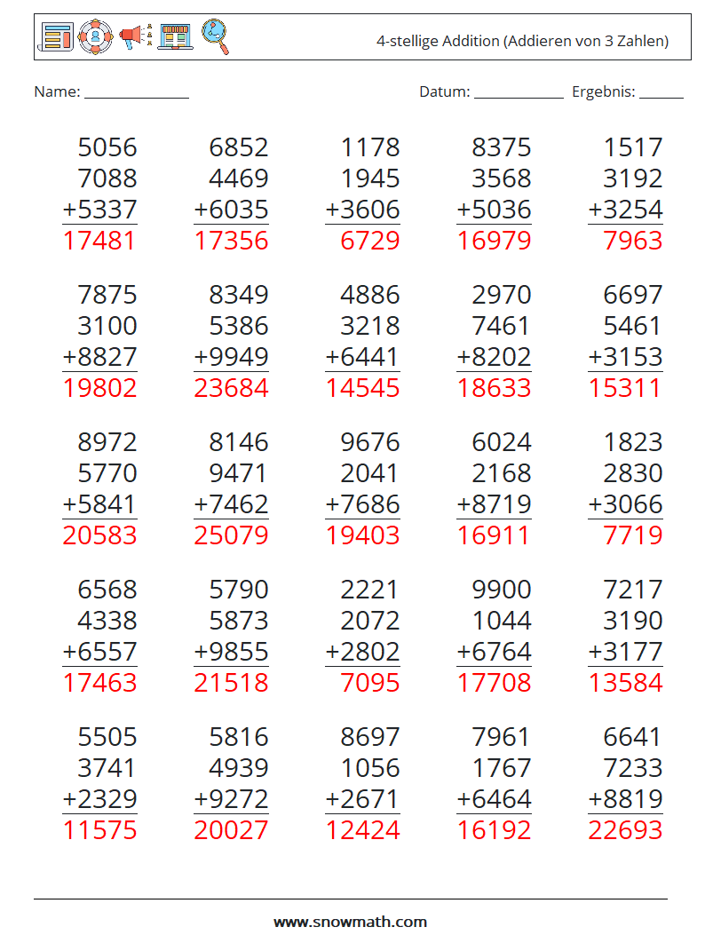 (25) 4-stellige Addition (Addieren von 3 Zahlen) Mathe-Arbeitsblätter 3 Frage, Antwort