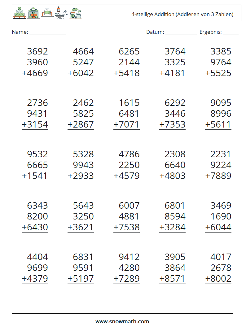 (25) 4-stellige Addition (Addieren von 3 Zahlen) Mathe-Arbeitsblätter 4