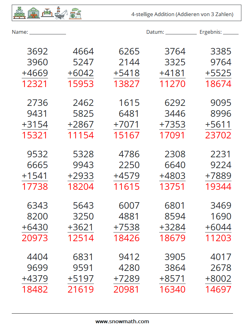 (25) 4-stellige Addition (Addieren von 3 Zahlen) Mathe-Arbeitsblätter 4 Frage, Antwort