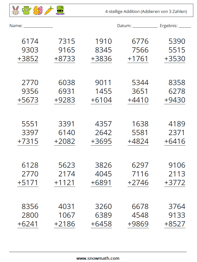 (25) 4-stellige Addition (Addieren von 3 Zahlen) Mathe-Arbeitsblätter 5