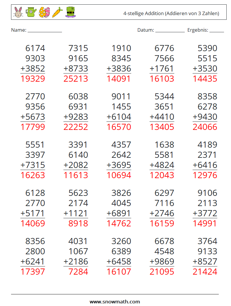 (25) 4-stellige Addition (Addieren von 3 Zahlen) Mathe-Arbeitsblätter 5 Frage, Antwort